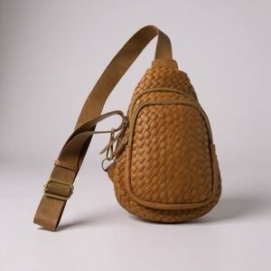 Madison‎ West Woven Sling Bag Tan Crossbody Mini Purse Pouch